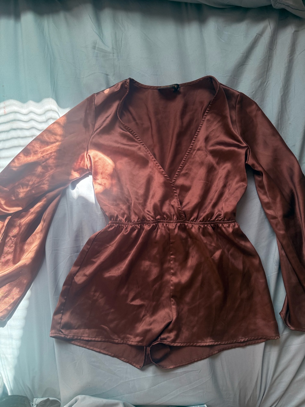 Macy's Copper Satin Long-Sleeve V-Neck Romper Chemise